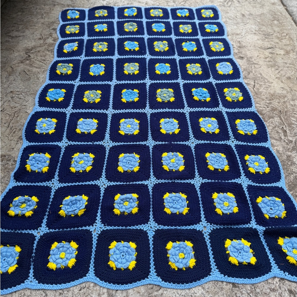 Handmade Blue and Yellow Crochet Blanket